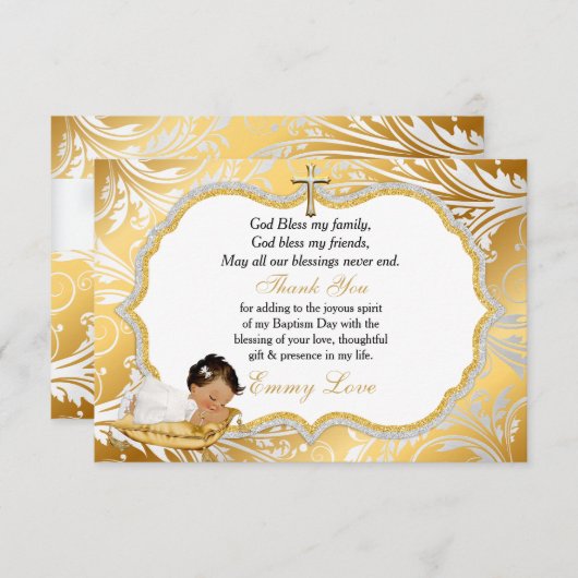エスニックベビーガールバプテスマ金ゴールドクロスサンキューサンキュー サンキューカード (正面/裏面)