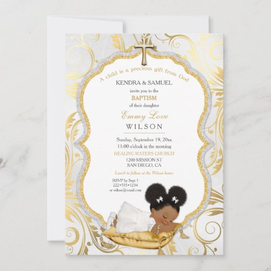エスニックベビーガールバプテスマ《キリスト教》洗礼式や命名式金ゴールドクロス 招待状 (正面)