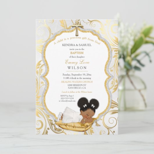 エスニックベビーガールバプテスマ《キリスト教》洗礼式や命名式金ゴールドクロス 招待状 (スタンド正面)