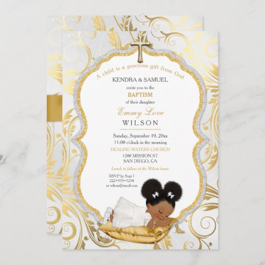 エスニックベビーガールバプテスマ《キリスト教》洗礼式や命名式金ゴールドクロス 招待状 (正面/裏面)