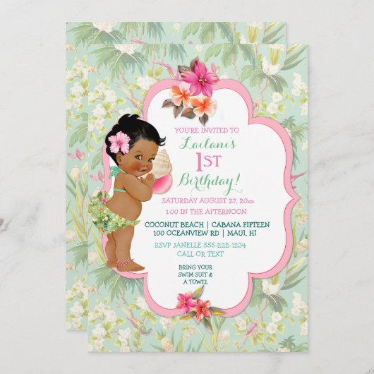 エスニックベビーガールビキニ熱帯ルアウ（ハワイ式宴会）ハワイアン 招待状 (正面/裏面)