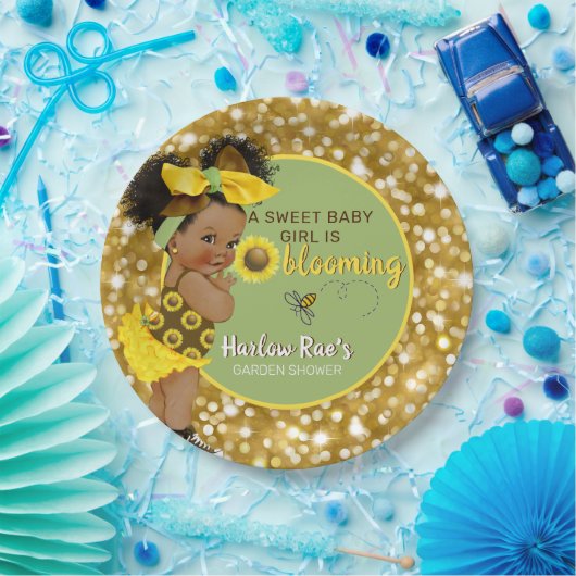 エスニックベビーガール |黄色ひまわり金ゴールドグリッター ペーパープレート (パーティー)