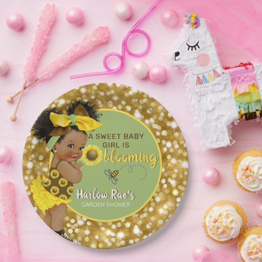 エスニックベビーガール |黄色ひまわり金ゴールドグリッター ペーパープレート (パーティー)