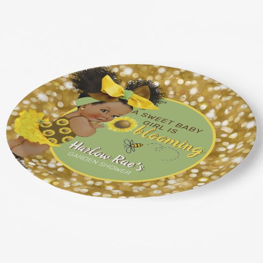 エスニックベビーガール |黄色ひまわり金ゴールドグリッター ペーパープレート (アングル)