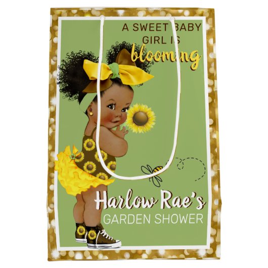 エスニックベビーガール |黄色ひまわり金ゴールドグリッター ミディアムペーパーバッグ (裏面)