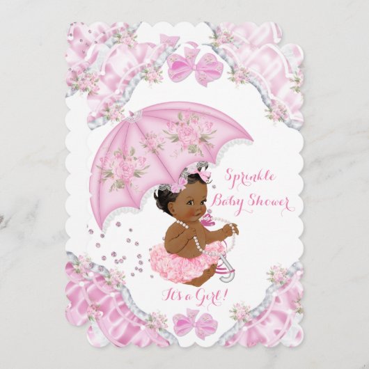 エスニックベビーシャワーピンクの傘ガールフラワー 招待状 (正面/裏面)