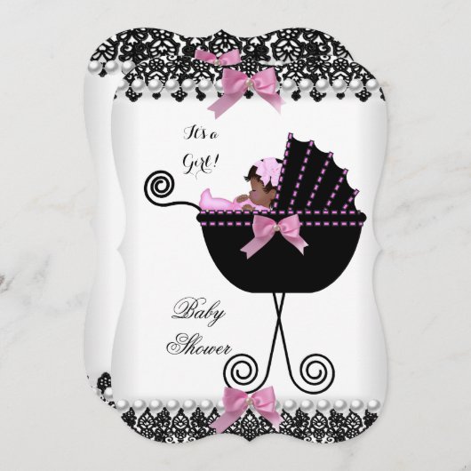 エスニックベビーシャワーベビーガールピンク白黒レース 招待状 (正面/裏面)