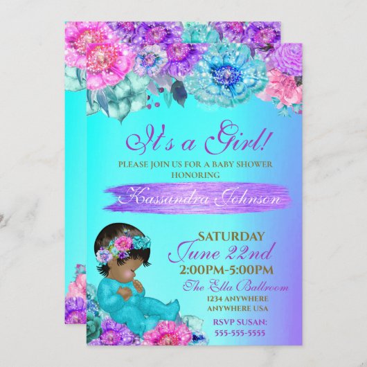 エスニックベビーパエレガントープルティール（緑がかった色）金ゴールドシャワー 招待状 (正面/裏面)