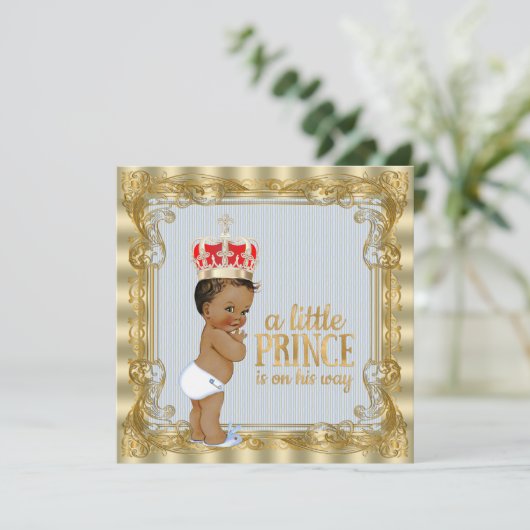 エスニックベビーブルー金ゴールドプリンス王室のベビーシャワー 招待状 (スタンド正面)