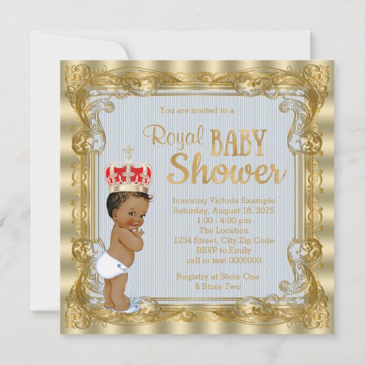 エスニックベビーブルー金ゴールドプリンス王室のベビーシャワー 招待状 (裏面)