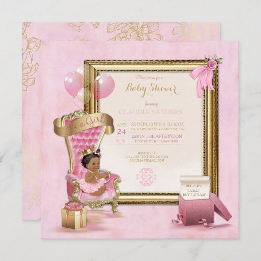 エスニックベビープリンセスクラウン金ゴールドピンク王室の 招待状 (正面/裏面)