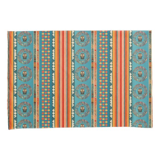 エスニックボヘミアンティール（緑がかった色）グリーンオレンジレッドウストライプのクロウ 枕カバー (正面右)