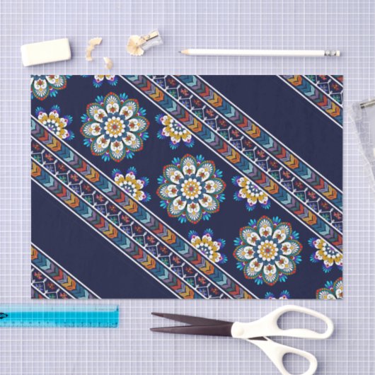 エスニックボヘミアンフラワーシェブロン海軍デクページ 薄葉紙 (クラフト)