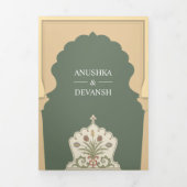 エスニックボホインディアンアイボリーセージグリーンアーチ結婚ーズ 三つ折り招待状 (カバー)