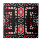 エスニックボホフォークアートモザイクブラックレッドグレーパターン タイル (正面)