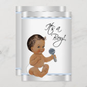 エスニックボーイベビーブルーシルバーベビーシャワー 招待状 (正面/裏面)