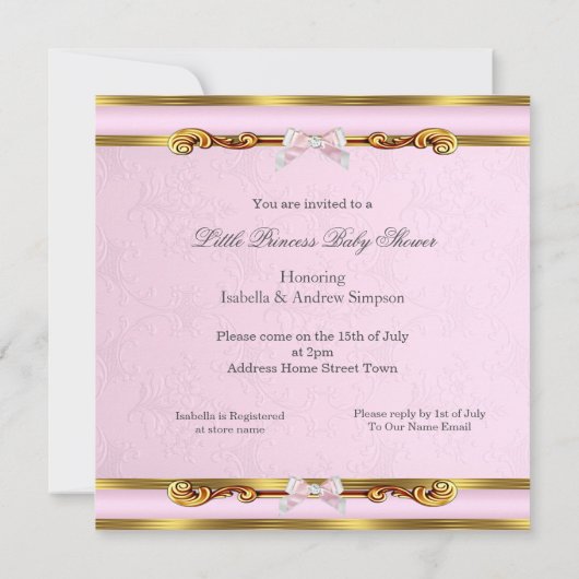 エスニックリトルプリンセスベビーシャワーピンク金ゴールド 招待状 (裏面)
