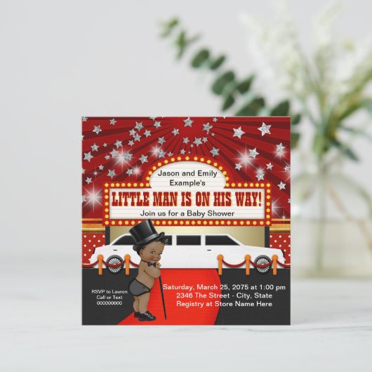 エスニックリトルマンリムジン映画スター赤ちゃんシャワー 招待状 (スタンド正面)