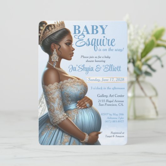 エスニック女子エレガントブルー&金ゴールドベビー王室のシャワー 招待状 (スタンド正面)