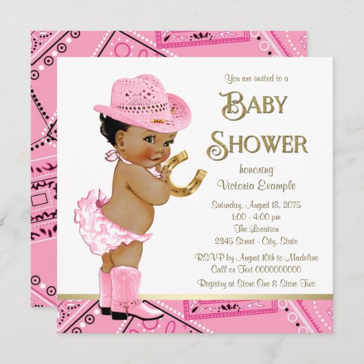 エスニック女性のカーボーイベビーシャワー 招待状 (正面/裏面)