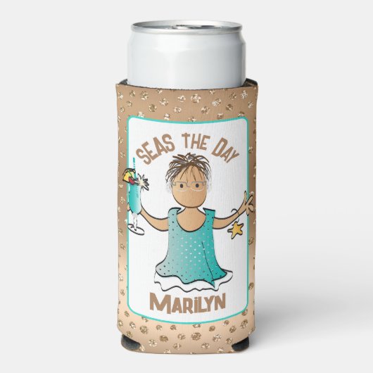 エスニック女性漫画おもしろいことわざクルーズブルー スリム缶クーラー (Seltzer正面)