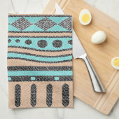 エスニック模様ピーチ及びターコイズ キッチンタオル (四つ折り)
