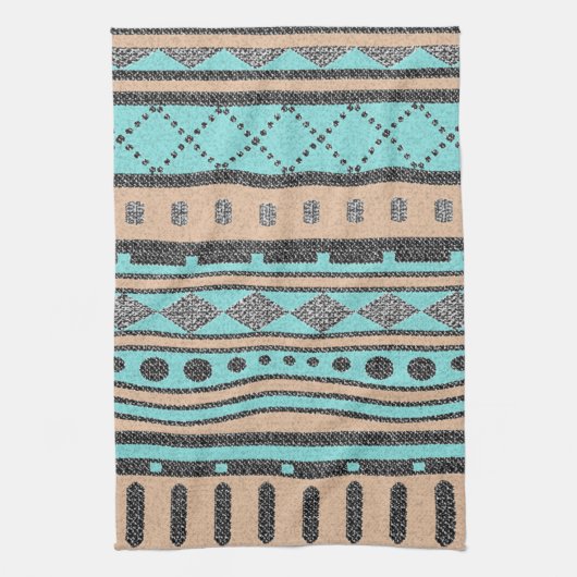 エスニック模様ピーチ及びターコイズ キッチンタオル (縦)