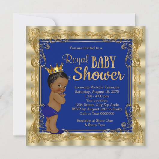 エスニック王室のブルー金ゴールドプリンス王室のベビーシャワー 招待状 (裏面)
