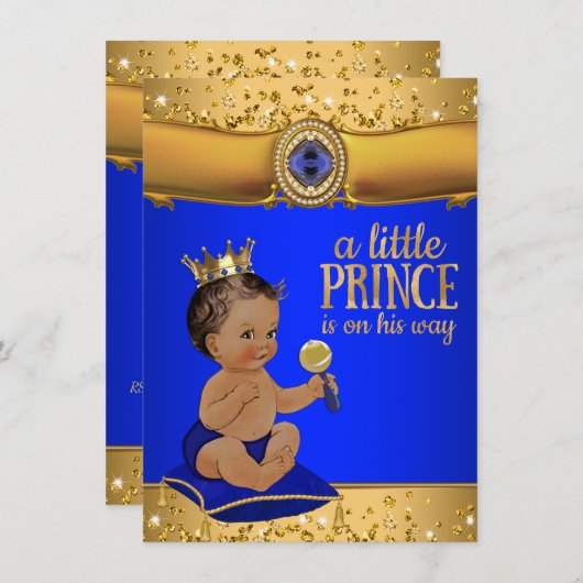 エスニック王室のプリンスブルー金ゴールドプリンスベビーシャワー 招待状 (正面/裏面)