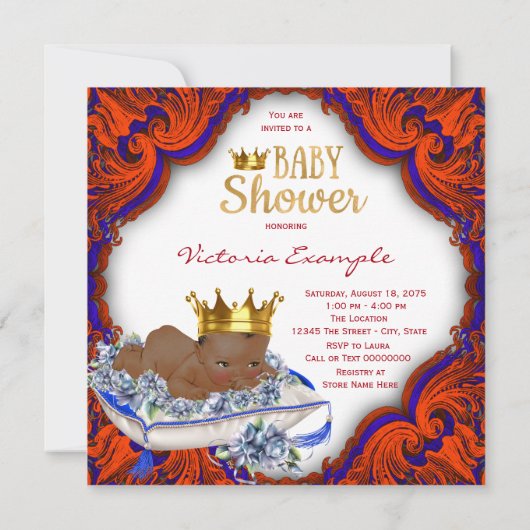 エスニック王室のプリンスレッドブルーと金ゴールド赤ちゃんシャワー 招待状 (裏面)