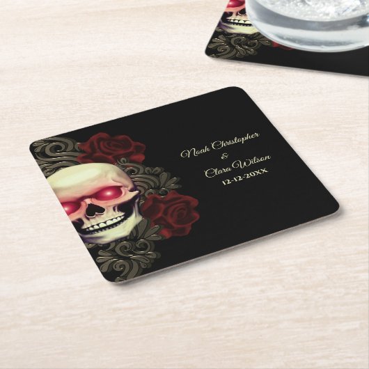 エスニック赤フローラダークゴシックスカルハロウェディング スクエアペーパーコースター (アングル)