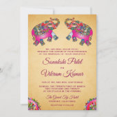 エスニック鮮やかピンクゾウインディアン結婚ズ 招待状 (正面)