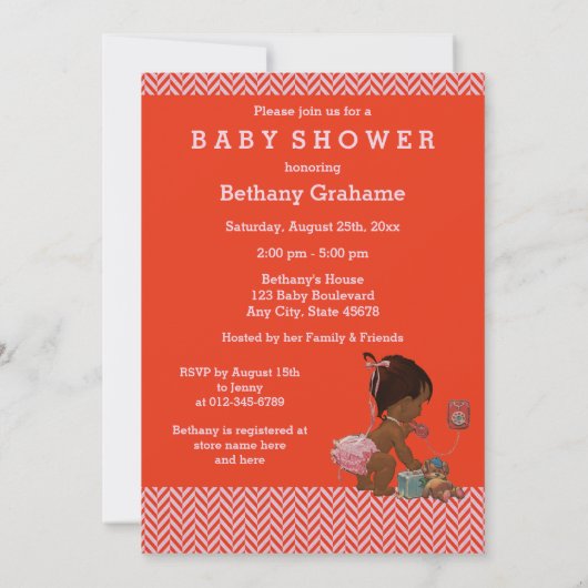 エスニック·ガールが電話で赤いピンクの山形のシャワーを浴びる 招待状 (裏面)