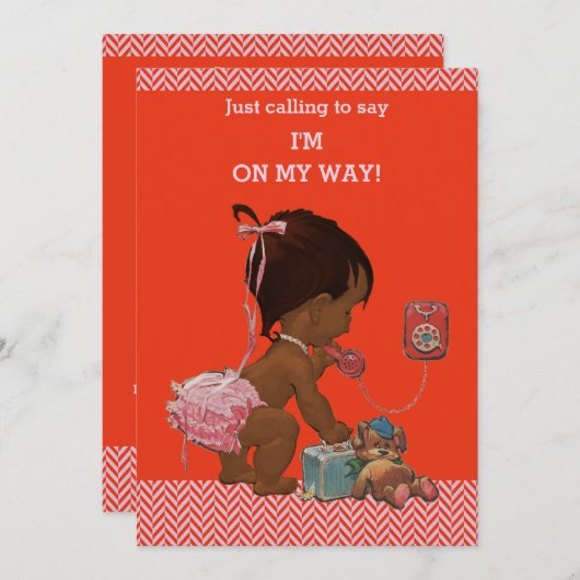 エスニック·ガールが電話で赤いピンクの山形のシャワーを浴びる 招待状 (正面/裏面)