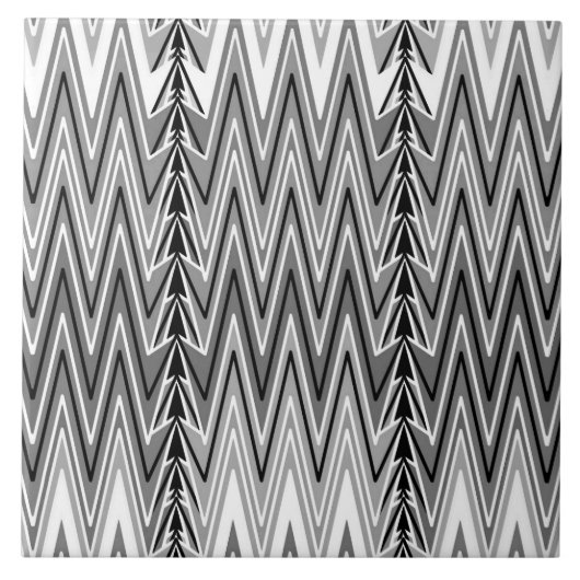 エスニック・シェブロン・ダマスク、グレー、ブラックとホワイト タイル (正面)