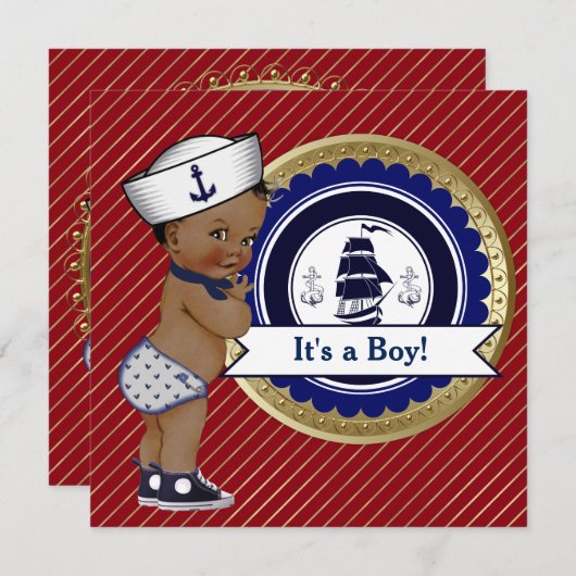 エスニック・セーラーボーイ航海の・ベビーシャワー 招待状 (正面/裏面)