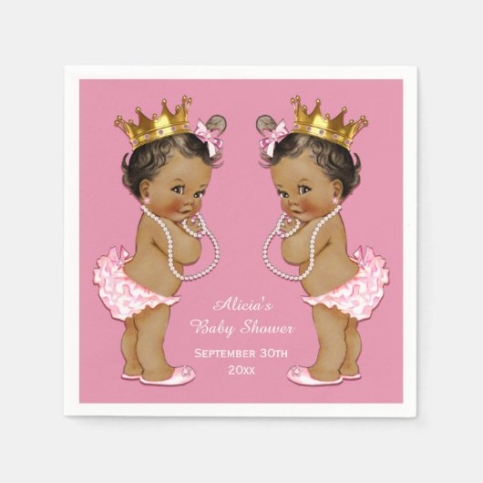 エスニック・ツインプリンセスベビーシャワーパーソナライズされた スタンダードカクテルナプキン (正面)