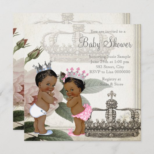 エスニック・プリンスとプリンセス・ツイン・ベビーシャワー 招待状 (正面/裏面)