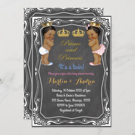 エスニック・プリンスまたはプリンセス・ツイン・ベビー・シャワー 招待状 (正面/裏面)