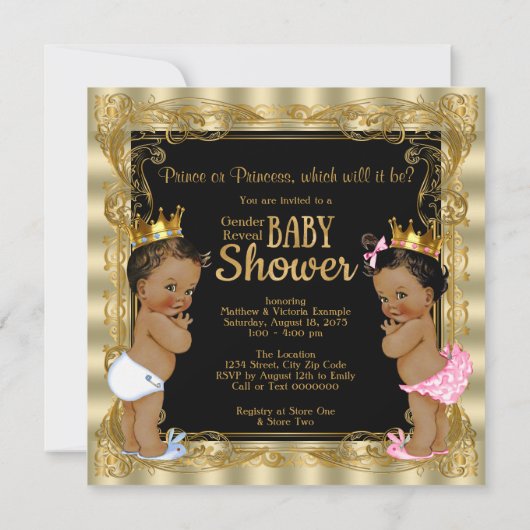 エスニック・プリンスプリンセスジェンダーが赤ちゃんシャワーを明かす 招待状 (裏面)