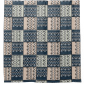 エスニック・ベージュ・ブルー・パッチワーク。 シャワーカーテン (正面)