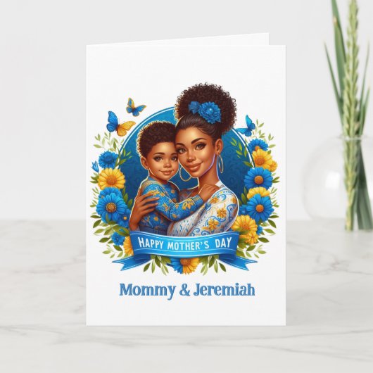 エスニック・マム&ソンブルー/イエローハッピーマザーズデー カード (正面)