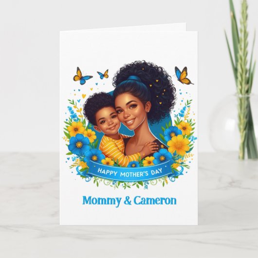 エスニック・マム&ソンブルー/イエローハッピーマザーズデー カード (正面)