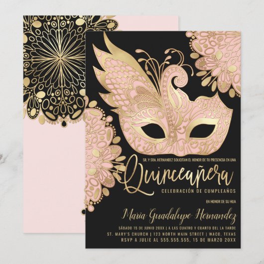 エスパニョーラ キンセアニェーラ  チック ピンク ゴールド マスカレード マスク 招待状 (正面/裏面)