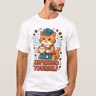 エスプレッソを表現する猫のバリスタ コーヒーアート Tシャツ