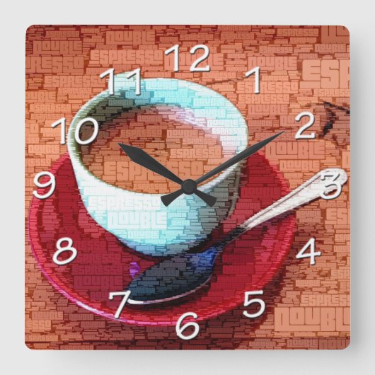 エスプレッソカップとスプーンワードクラウド スクエア壁時計 (正面)