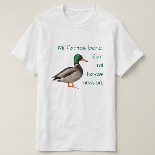 エスペラント: Miのfartasの骨、ĉar mi havas anason. Tシャツ (デザイン正面)