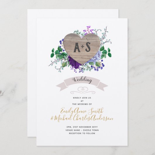 エターナルハート結婚ズパープルブルーフローラクラフト 招待状 (正面/裏面)