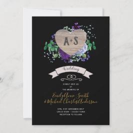 エターナルハート ウェディング 招待 黒 紫 花 招待状