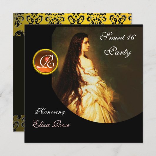 エターナルビューティー、スウィート16 イエロー、ブラック＆ホワイト ダマスク 招待状 (正面/裏面)
